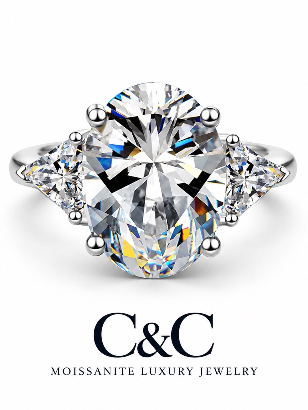 C.C Three-Stone Oval Moissanite Ring in Silver
